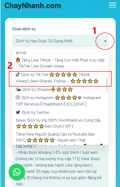 Chọn Dịch Vụ Tik Tok Tại ô Chọn Dịch Vụ