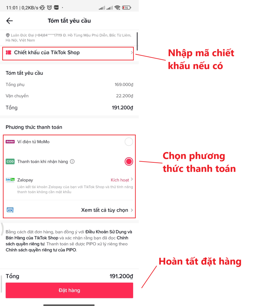 Nhập Mã Chiết Khấu, Chọn Phương Thức Thanh Toán Và Nhấn đặt Hàng