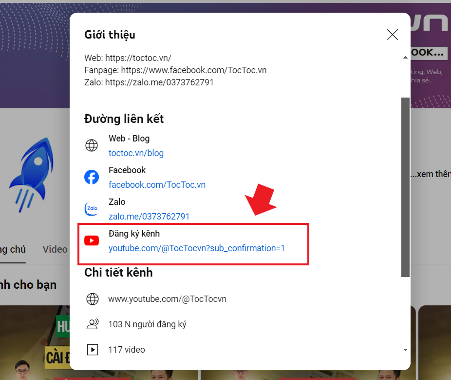 Link Tăng Sub Youtube được để Trong Phần Giới Thiệu Kênh